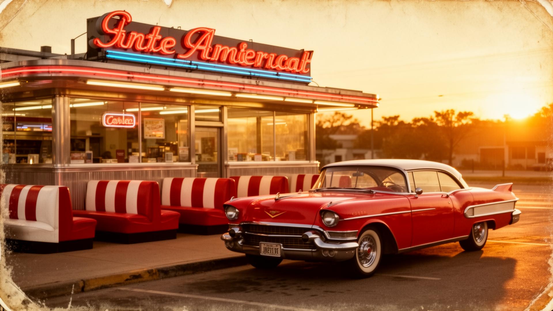 Vintage American diner with classic red Cadillac at sunset